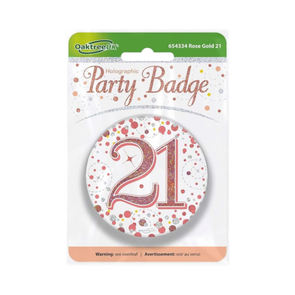 OakTree 3" Badge 21th Birthday Sparkling Fizz Rose Gold Holographic (Pack of 12)