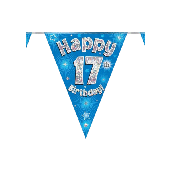 OakTree Party Bunting Happy 17th Birthday Blue Holographic 11 Flags 3.9m (Pack of 12)