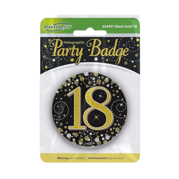 OakTree 3" Badge 18th Birthday Sparkling Fizz Black Gold Holographic (Pack of 12)