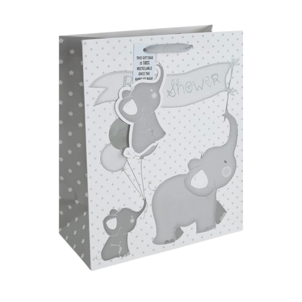 Eurowrap Baby Shower Elephant White Kraf Gift Bag With Gift Tag 100% Recyclable Large (Pack of 12)