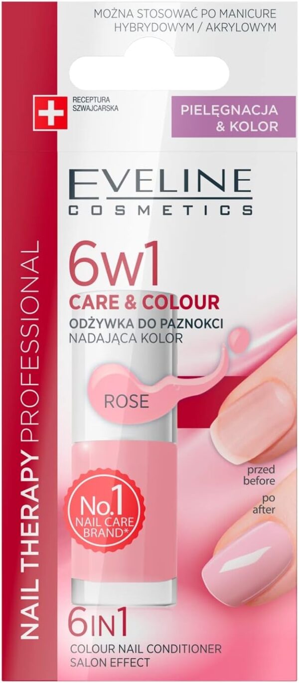 Eveline Cosmetics Nail Therapy Professional Concentrated Nail Conditioner with Color - Rose, 5ml | Colour&Double Strong™ Complex for Deep Nourishment and Protection